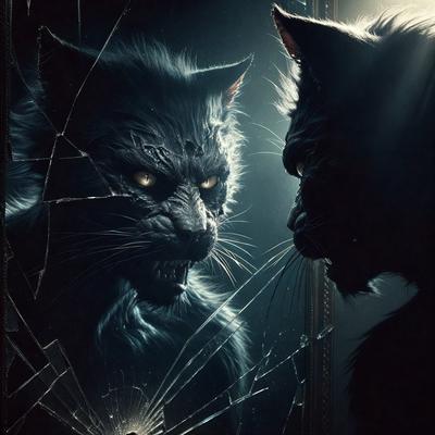 The primary subject of the image is a cat, which is depicted in a dark and eerie manner. The cat is shown in a mirror, with its reflection appearing to be a demonic or demon-like creature. The setting is a dark room, and the visual style is a combination of photo and digital art. The dominant colors in the image are black and grey, creating a moody and mysterious atmosphere.